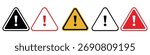 Warning signs set in various colors, Attention Icon, displaying caution symbols for safety awareness and risk prevention. Vector graphics

