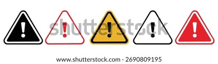 Warning signs set in various colors, Attention Icon, displaying caution symbols for safety awareness and risk prevention. Vector graphics

