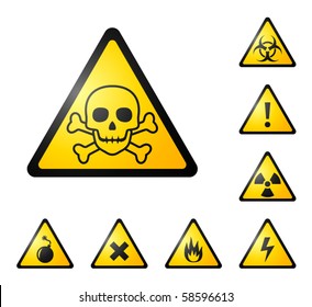 Warning Signs, Symbols. Danger, Poison, Skull, Crossbones, Bio Hazard, Electricity, High Voltage, Chemical, Waste, Radioactive, Explosion, Bomb, Flame, Virus, Toxic, Alert, Caution Vector Icon Set