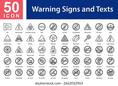 Icono y Colección que contiene: Salida, señal de advertencia, Arranque automático, Parada, Sin fuego, Sin paso, Sin apuestas, Rocas que caen, Sin agua, Ola, Carretera irregular, Tóxico, Ferrocarril, Colina empinada 
