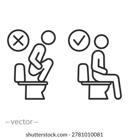 warning signs for use public toilets, don't step on the toilet seat, man sit on the toilet correctly, thin line symbol on white background - editable stroke vector illustration