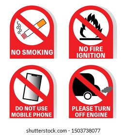 Warning signs vector for security in the petrol station and prohibited zone in English words