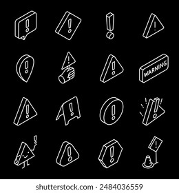 Warning signs, white line icons. Hazard and attention symbols. Ideal for safety and industrial themes. isometric symbols on black background. Editable stroke.