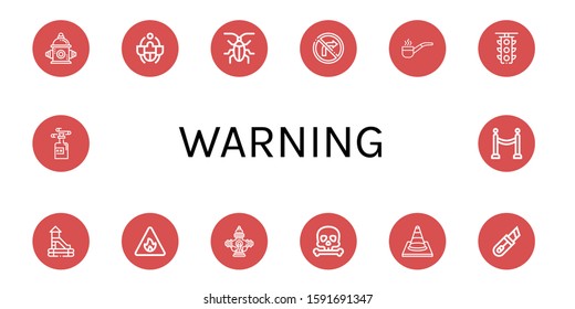 warning simple icons set. Contains such icons as Fire hydrant, Beetle, Cockroach, No turn right, Smoking pipe, Traffic light, Slide, Fire sign, can be used for web, mobile and logo
