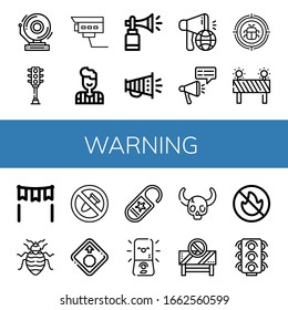 warning simple icons set. Contains such icons as School bell, Traffic light, Security camera, Referee, Horn, Megaphone, Malware, Barrier, can be used for web, mobile and logo