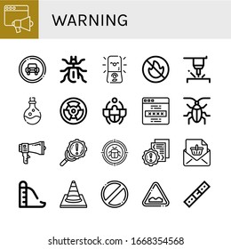warning simple icons set. Contains such icons as Loudspeaker, Traffic sign, Beetle, Speaker, No fire allowed, Laser, Poison, Radioactive, can be used for web, mobile and logo