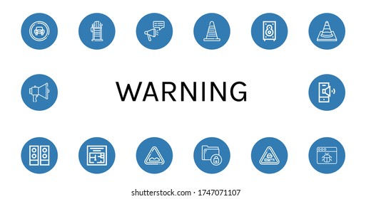 warning simple icons set. Contains such icons as Traffic sign, Lifeguard chair, Megaphone, Cone, Speaker, Traffic cone, Speakers, Evacuation plan, can be used for web, mobile and logo