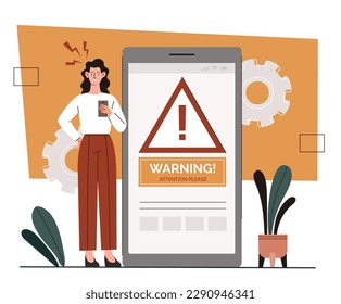 Warning at smartphone screen. Notification of technical issue or potential hacker attack. Mobile application and software, antivirus. Insecure messaging spam. Cartoon flat vector illustration