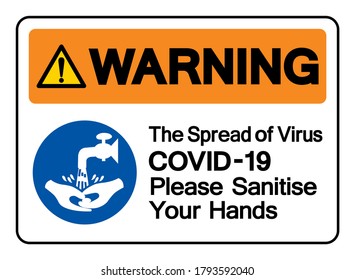Warnung vor der Ausbreitung des Virus COVID-19 Waschen Sie bitte Ihre Hand Symbol Zeichen, Vektorgrafik, isoliert auf weißem Hintergrund Etikett. EPS10