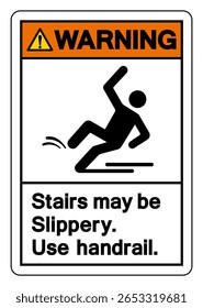 Las Escaleras De Advertencia Pueden Ser Resbaladizas. Use El Símbolo De La Barandilla, Ilustración vectorial, Aislar En La Etiqueta Del Fondo Blanco. EPS10