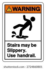 Las Escaleras De Advertencia Pueden Ser Resbaladizas Use El Símbolo De La Barandilla, Ilustración vectorial, Aislar Sobre Fondo Blanco Label.EPS10