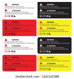 Warning sticker English and French Bilingual , CHOKING HAZARD - Small parts. Not for children under 3 yrs and RISQUE D'ÉTOUFFEMENT - Pièces de petite taille. Pas pour les enfants de moins de 3 ans