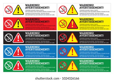 Warning sticker English-French Bilingual-CHOKING HAZARD: SMALL PARTS. NOT SUITABLE FOR CHILDREN UNDER 3 YEARS OF AGE. ,DANGER DE SUFFOCATION : PETITES PIÈCES. NE CONVIENT PAS AUX ENFANTS DE MOINS DE 3