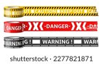 Warning sticky tapes. Realistic mounting film with danger labels, accident place, enclosing menace notification strips, yellow black and red lines. Zone restricted boundary utter vector set