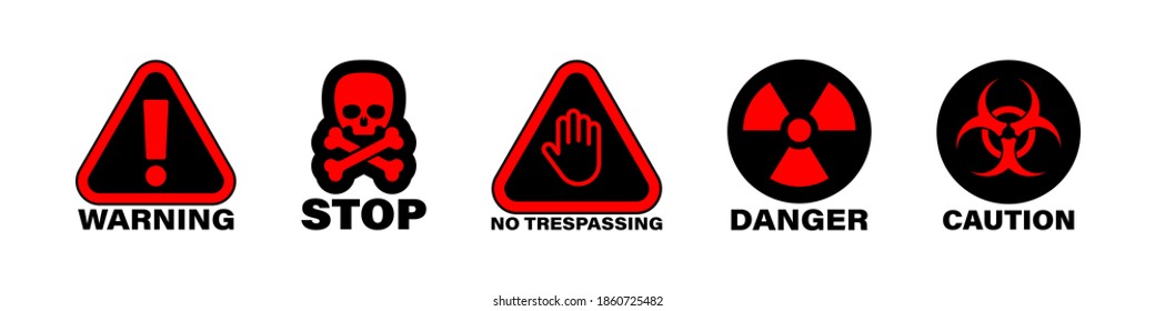 Warning stop danger protection flat icon set, chemical and radiation hazard with skull illustration black and red.