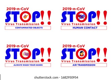 Warning to stop the outbreak of Coronavirus novel symptoms covid-19 2019-nCoV 2019-nCoV, The concept of text stop Corona virus. Flat vector illustration