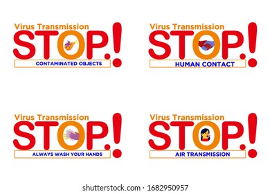 Warning to stop the outbreak of Coronavirus novel symptoms covid-19 2019-nCoV 2019-nCoV, The concept of text stop Corona virus. Flat vector illustration