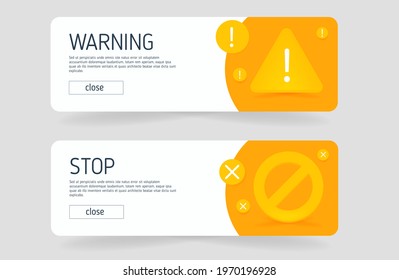 Warning and stop Popup Template. Alerts about dangerous errors, a problem with a virus, or incorrect filling.