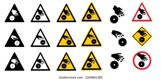 Warning, stop sign. Cartoon circular saw blades icon or symbol. Half sawblade logo. circular saw blade. Beware, caution, alert electric saw, circle. Silhouette, saw blade cut No ban pictogram.