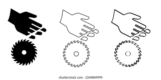 Warning, stop sign. Cartoon circular saw blades icon or symbol. Half sawblade logo. circular saw blade. Beware, caution, alert electric saw, circle. Silhouette, saw blade cut No ban pictogram.