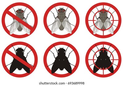 Warning stop sign with a color image of a fly and its black silhouette inside a red sign on a white background. Fighting insect pests.