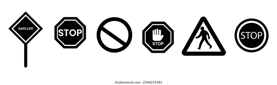Vector de señal de parada de advertencia, silueta. Vector de señal de parada, diseño de conjunto de iconos. Señal de información vial, símbolo para el conductor, coche, ninguna señal de estacionamiento. Ilustración vectorial.