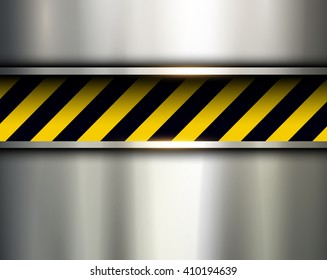 Warning stripes background with metal plate, vector illustration.