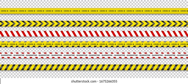 Warning Stripes. Coronavirus warning stripes. Covid-19 signs. Quarantine biohazard symbol. Warning Stripes collection black, red and yellow color, isolated on transparent background. Vector