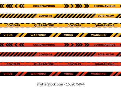 Warning Stripes. Coronavirus warning seamless stripes. Covid-19 signs. Quarantine biohazard symbol. Warning line collection black, red and yellow color, isolated on white background. Vector