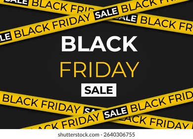 Warning stripes flash for high-impact sale alert. Gold yellow ribbons mark urgent Black Friday deal. Taped design draws attention to discount area. Web banner glows with sharp horizontal accents.
