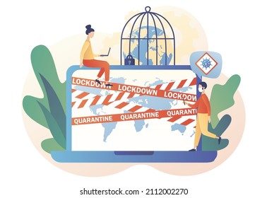 Warning stripes quarantine with Earth map. Planet Earth in cage. Lockdown in world countries. Stop COVID-19 Coronavirus. Danger zone. Modern flat cartoon style. Vector illustration on white background