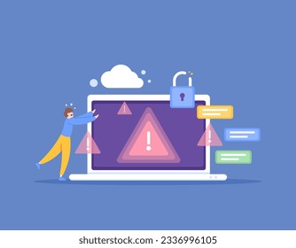 Warning of suspicious activity. data and personal information heists. Security alert systems. defense or firewall in the laptop. technology. Flat and Minimalist Illustration Design Concept. Vector