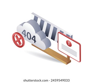 Warning symbol cloud repair error code 404 system technology, infographic 3d illustration flat isometric