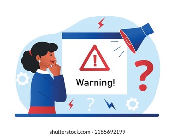 Warning symbol concept. Woman stands in front of prohibition sign on screen, young girl looks at icon. Danger on Internet, viruses and protection against them. Cartoon flat vector illustration