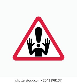 Símbolo de aviso apresentando um triângulo com um ponto de exclamação, preenchido com uma imagem de uma pessoa com mãos levantadas sobre um fundo branco.