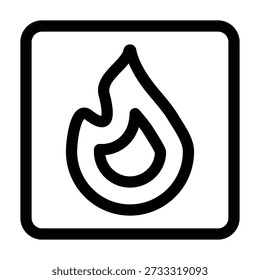 A warning symbol icon featuring a stylized flame inside a square border. This minimalist line art illustration is drawn in black and white, representing fire, heat, flammability, and danger warnings.