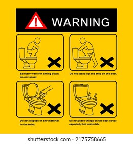 Warnzeichen Ein Handbuch für die korrekte Verwendung von Sanitärartikeln im Badezimmer.Icons Vektorgrafik