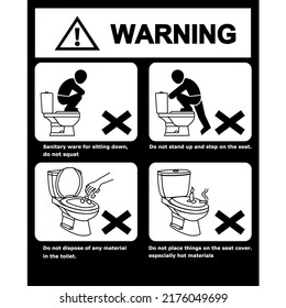 
Warning symbol A manual for the correct use of sanitary ware in the bathroom.icons vector