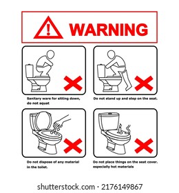 Warning symbol A manual for the correct use of sanitary ware in the bathroom.icons vector