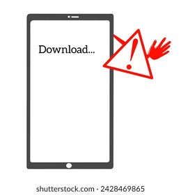 Warning symbol near the smartphone with the words download on the screen. Vector illustration.