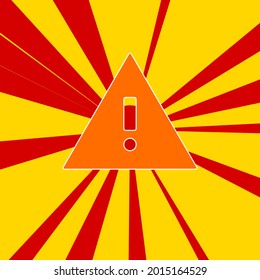 Warning symbol on a background of red flash explosion radial lines. The large orange symbol is located in the center of the sun, symbolizing the sunrise. Vector illustration on yellow background