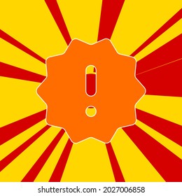Warning symbol on a background of red flash explosion radial lines. The large orange symbol is located in the center of the sun, symbolizing the sunrise. Vector illustration on yellow background