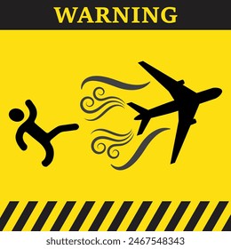 Warning symbol on yellow background with silhouette of a person and a plane 