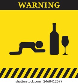 Warning symbol on yellow background with a silhouette of a drunk person, a bottle and a glass