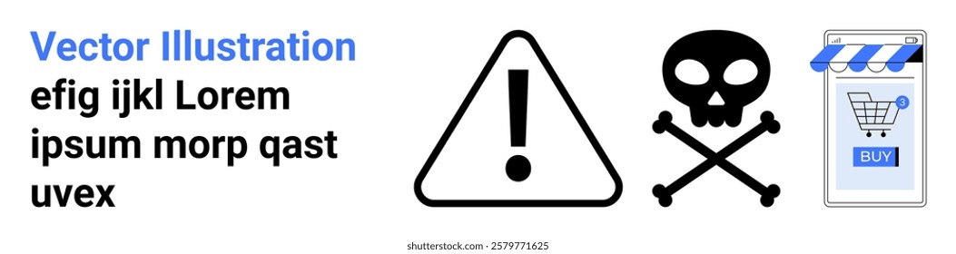 Warning symbol, skull with crossbones, and shopping cart signify caution in online shopping. Ideal for cybersecurity, fraud prevention, online safety, warnings, and e-commerce. Banner for landing