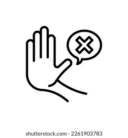 Warning symbol. Stop hand gesture and speech bubble with cross mark. Refusal, personal boundaries, ability to refuse. Modern vector illustration of restriction.