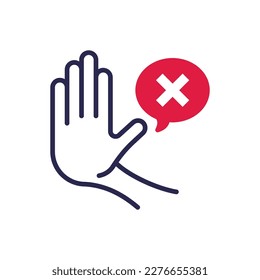 Warning symbol. Stop hand gesture and speech bubble with cross mark. Refusal, personal boundaries, ability to refuse. Modern vector illustration of restriction.