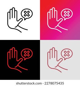 Warning symbol. Stop hand gesture and speech bubble with cross mark. Refusal, personal boundaries, ability to refuse. Modern vector illustration of restriction.