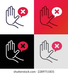 Warning symbol. Stop hand gesture and speech bubble with cross mark. Refusal, personal boundaries, ability to refuse. Modern vector illustration of restriction.