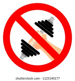 Warning symbol training with barbell. Bodybuilder prohibited, stop gym. Vector illustration